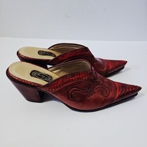 Salpy Red Leather Embossed Western Mules Size 9 Slip On Heels